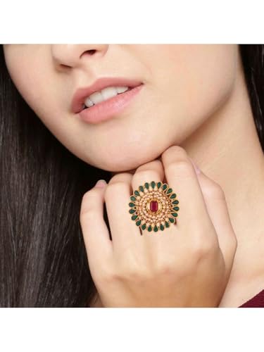 Efulgenz Indian Jewelry Rings for Women Antique Round Faux Pearl Crystal Bollywood Adjustable Big Finger Ring Fashion Party Statement Jewelry for Women - color: Green
