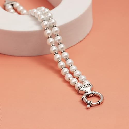 LeCalla Pearl Bracelets for Women in 925 Sterling Silver & 14K Gold-Plated Silver | Adjustable Pearl Bolo Bracelets | Handmade Sliding Chain Beaded Bracelet Jewelry Gifts for all Occasions - color: Two Strand Stretch Bracelet