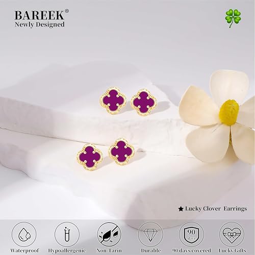 Elegant Black Onyx Clover Stud Earrings, 14K Gold Plated Four Leaf Hypoallergeinc Stud Stainless Steel Flower Earring Lucky Simple Jewelry Gift for Women Shiny Multiple Onyx Colors - color: Purple Clover Stud Earrings