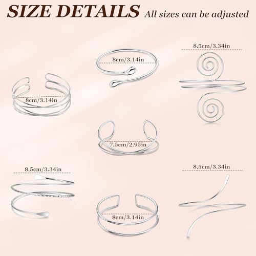 7Pcs Upper Arm Cuff for Women Gold Silver Open Arm Cuff Bracelets Adjustable Armlet Armband Minimalist Coil Swirl Arm Cuff Bracelet Jewelry - style: Silver-B