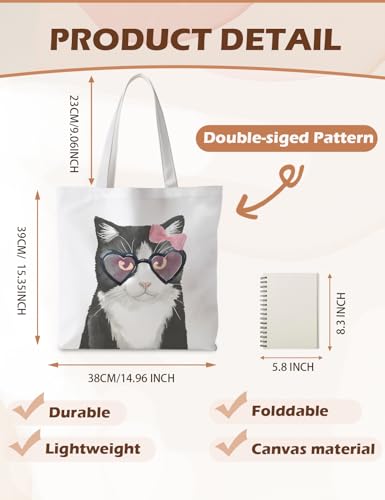Preppy Animal Tote Bag, Pet Canvas Tote Bag, Reusable Grocery Shopping Shoulder Bags - color: Cat