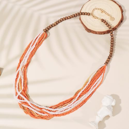 Coiris Chunky Statement Necklaces for Women Boho Multi Long Layered Strand Beaded Necklace for Women Handmade Crystal Beach Jewelry Gift - color: Orange