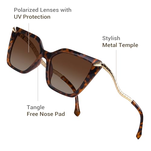 DrRelax Big Square Sunglasses Womens Retro Polarized Sun Glasses with Metal UV 400 Protection - color: Leopard/ Gradient Brown