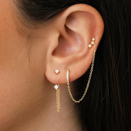 3 Pairs Dainty Small 4th of July Earrings for Women Trendy, Birthstone Stud Huggie Hoop Jacket Stack for Cartilage Helix, Gold Plated Hypoallergenic Cute Women Fashion Accessories Western Jewelry Gifts - color: Gold Plated Chain