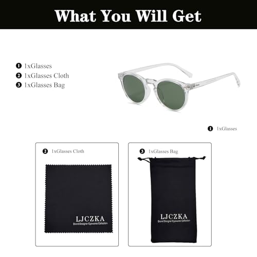 LJCZKA Round Polarized Sunglasses for Men Women Retro Small Face Sunglasses Polarized Vintage Sun Glasses UV400 Protection - color: Clear Green