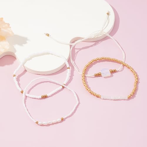Dainty Gold Plated Pearl Crystal Beaded Bracelets Set for Women 14K Gold Plated Bead Pearl Beads Bracelet Stackable Paperclip Link Chain Bracelets Gold Plated Bracelets for Women Trendy Jewelry - color: Style10