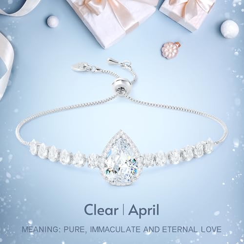 Linawe Crystal Imitation Diamond Rhinestone Charm Bracelets for Women, Gold/Silver/Rose Gold Adjustable Chain Bracelet, Teardrop Birthstone Cubic Zirconia Prom Costume Wedding Jewelry - color: Silver,April