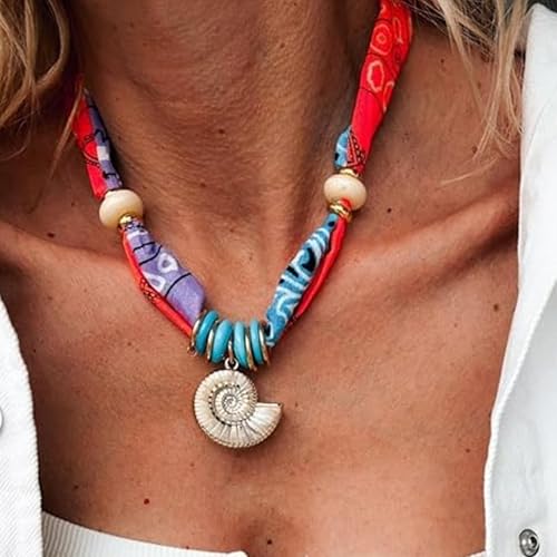 Scarf Necklace with Charm Gold Starfish Chunky Cross Heart Flower Pendants Bandana Charm Necklace Western Scarf for Women Boho Cowgirl Country Cowboy Accessories Beach Vacation Vacation Outfits Jewelry - color: C5-Scarf Necklace With Conch Charm