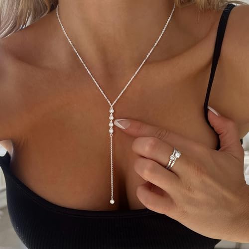 Luxval Lariat Silver Necklace for Women, Dainty Long Necklace Silver Y-Shaped Pendant Necklaces Trendy Beaded Chain Drop Necklaces Jewelry for Women Gifts - color: Silver-4CZ Y Necklace