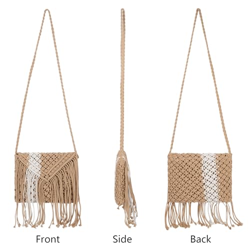 Goclothod Women Crochet Fringed Shoulder Bag Cotton Tassel Crossbody Bag Hippie Beach Purse - color: Elegant