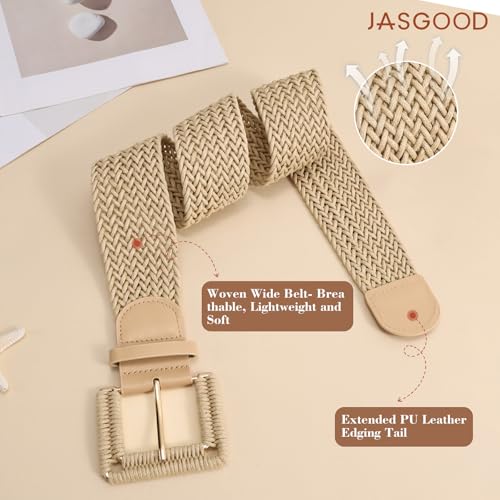 JASGOOD Women Wide Woven Belt for Dresses Rattan Waist Belt Braided Boho Belt with Square Buckle - color: Khaki, size: Fit Waist Size 23-27inch