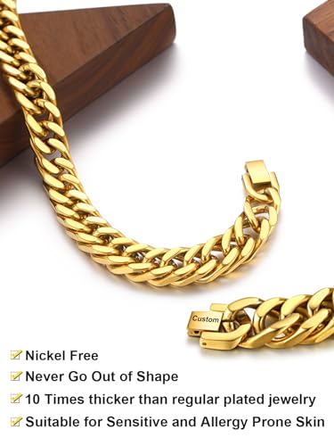 ChainsHouse Stainless Steel Cuban Link Bracelet, 8mm/12mm/17mm Width, 7.5"/8.3"/9", 18K Gold Plated Chain Wrist Bracelets for Men Women, Send Gift Box - color: W: Gold-12mm width-custom