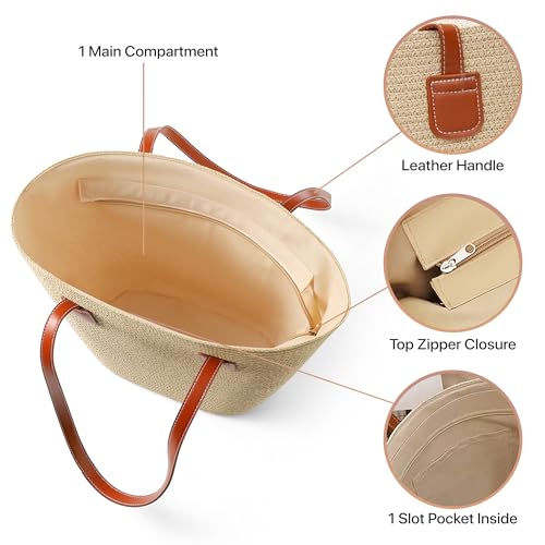 Straw Bags For Women | Travel Straw Totes Bag, Summer Woven Shoulder Bag Handbag - color: Baja White