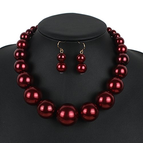 Fuqimanman2020 Chunky Large Simulated Pearl Choker Necklace Drop Dangle Earrings Crystal Bib Big Round Beaded Strand Multicolor Costume Statement Wedding Jewelry Set for Women Brides - color: Wine Red