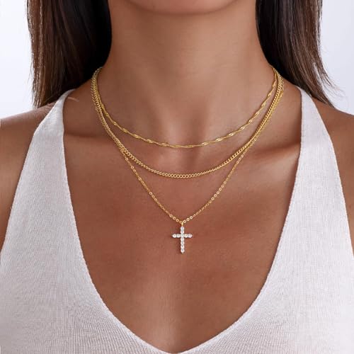 XIXINI Layered Necklaces for Women, Dainty Gold Necklace Stack 14k Gold Plated Layering Beads Choker Pendant Necklace Set Simple Statement Gold Necklaces for Women Trendy Fashion Gold Jewelry Sets - color: 3 cross layered necklaces-Gold