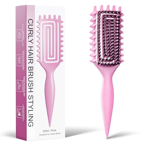 Curly Hair Brush, Curl Defining Brush with Soft Boar Bristles Detangling Tangled Glides, Wide-Teeth Design Effortlessly Shaping & Defining Curls, Curling Definer for Wet & Dry Hair (Pink) - color: Pink