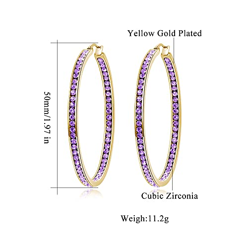 CiNily Mult-colors Crystal Stainless Steel Hoop Earring for Women Hypoallergenic Jewelry for Sensitive Ears Large Big Hoop Earrings 2" - color: Gold-Purple