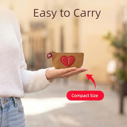 Red Heart Design Small Coin Purse - Cute Compact Keychain Change Purse Soft Leather Wallet with Zipper for Women (Brown) - color: Brown