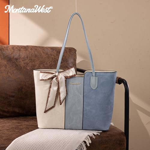 Montana West Tote Bags for Women Top Handle Satchel Purses - color: Beige With Blue