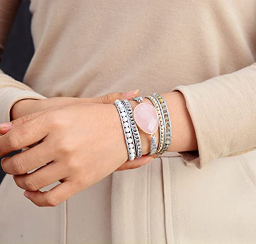 Women Wrap Bracelet Boho Natural Jasper Crystal Stone Beads Strand Bracelets - color: Pink Quartz