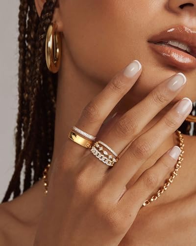 FUNEIA Stackable Gold Rings for Women Non Tarnish Trendy Dainty 14K Gold Plated Stacking Cubic Zirconia Thumb Ring Set Pack Statement Chunky Band Rings Promise Engagement Rings Size 7 8 9 10 11 - color: A-5Pcs Ring Set