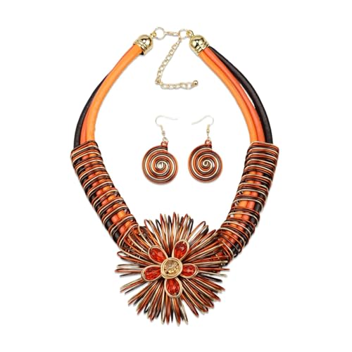 Ethnic Crystal Rhinestone Pendant Necklace Earrings Set Women Handmade Tribal Collar Choker Chunky Metal Bib Rope Chain African Statement Jewelry Set - color: NXR1418-orange