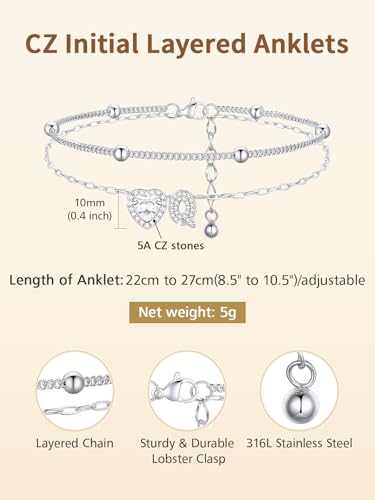 FindChic Silver/14K Gold Plated Layered CZ Initial Ankle Bracelet for Women | Waterproof Stainless Steel, Cubic Zirconia Letter Charm, Non-Tarnish, Hypoallergenic, Adjustable Extender, Summer Jewelry - color: Silver-CZ Heart, size: Q