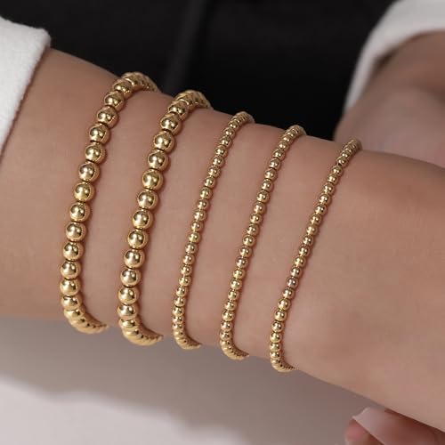 Gold Bracelets for Women 14K Gold Plated Beaded Non Tarnish Bracelets Stretch Bead Ball Bracelet Stack Set Jewelry for Gifts - color: E SET 5PC