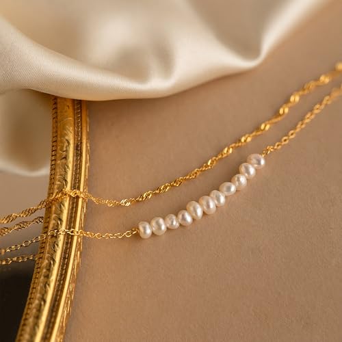 SLOONG Gold Pearl Bracelets for Women Trendy, 14K Gold Plated Dainty Stackable Layered Chain Bridesmaid Bracelets, Waterproof Wedding Jewelry for Women Adjustable 6"+2" - color: Style2(Pearl)