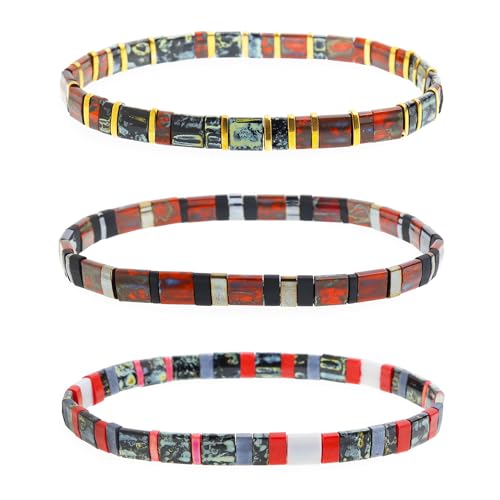 Sonateomber Tila Flat Beaded Stretch Stack Bracelets Set for Women, Trendy Stackable Colorful Glass Square Beads Bracelet Friendship Accessories Jewelry Gift - color: Gold Black Red Gray