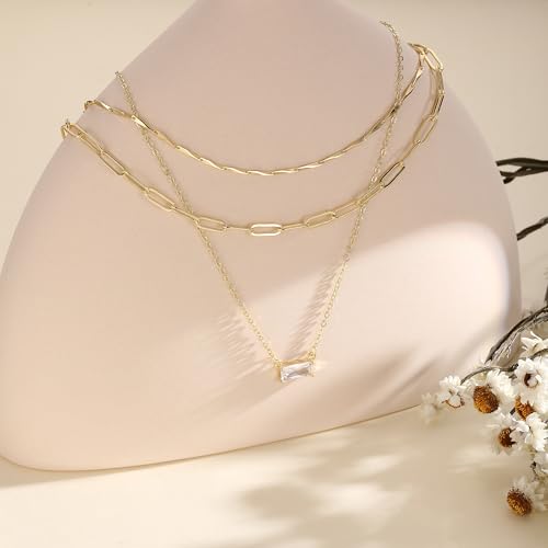 BERISO 14K Gold Plated Layered Necklace for Women, 3 Layer Dainty Gold Necklace with Minimalist Pendant, Elegant Everyday Gold Jewelry Gift - style: layered necklace-E