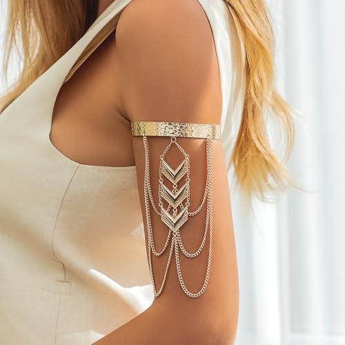 Punk Long Chain Tassel Arm Cuff Boho Turquoise Stone Pendant Arm Bangle Bracelet Vintage Arrow Armlet Open Adjustable Upper Armband Beach Wedding Arm Jewelry for Women - color: Gold arrow