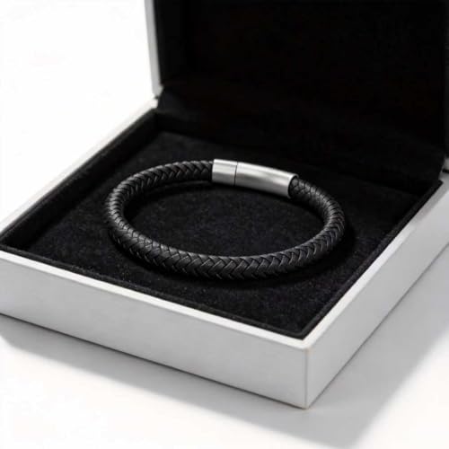 Men's Leather Bracelet, Stackable Stainless Steel Clasp Bracelets for Men Stylish Birthday, Thanksgiving, Valentine's Day Gift for My Man - style: 8.2" Black Leather