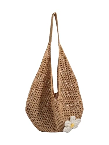 OYOANGLE Women's Floral Applique Crochet Beach Tote Bag Summer Boho Mesh Woven Tote Bag - color: Khaki