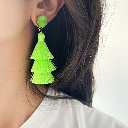 Me&Hz Colorful Layered Tassel Earrings Bohemian Statement Tiered Tassel Big Dangle Drop Earrings for Women Druzy Studs Valentine’s Day Gift - color: Fluogreen