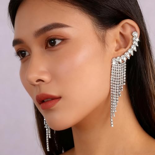 Crystal Ear Cuff Earrings for Women Rhinestone No Piercing Crystal Sparkly Ear Cuff Statement Earrings Wedding Party Jewelry - style: Left B