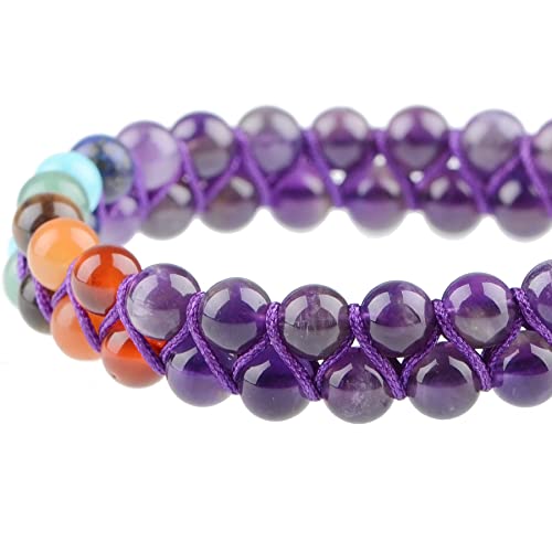 MASSIVE BEADS Double Layer Natural Chakra Healing Power Crystals Macrame Bracelet Yoga Stone Beads Gemstone Meditation Relax Anxiety Bangle for Unisex Women Men - color: 7-Chakras&Amethyst, size: 4mm