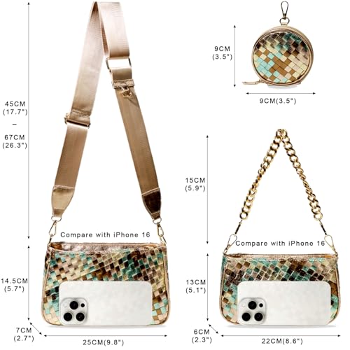 Handmade Woven Small Crossbody Bag for Women with Coin Purse, Designer Shoulder Handbag 3pcs Set, Mini Tote Clutch - color: Champagne Multicolor