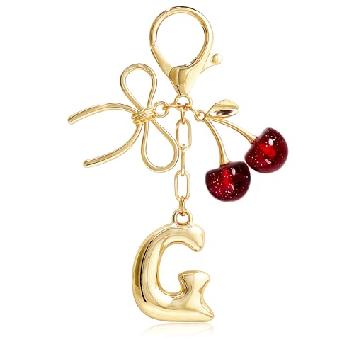 Cute Initial Cherry, Bow, Heart & More Styles - Personalized Keychain Bag Charms & Purse Accessories for Handbags - color: Red Cherry, style: G