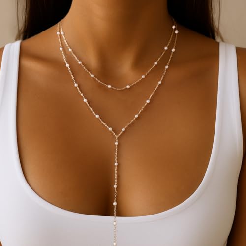 HAXIYA Lariat Gold Necklace for Women Dainty Long Necklace 14K Gold Plated/Silver Y-Shaped Pendant Drop Chain Layered Pearl/Beaded/CZ Necklaces Gold Jewelry Gift for Prom/Wedding - style: Pearl - Gold