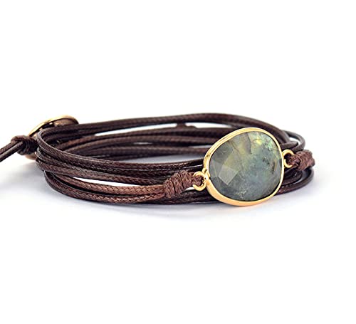 Women Wrap Bracelet Boho Natural Jasper Crystal Stone Beads Strand Bracelets - color: Gray Labradorite
