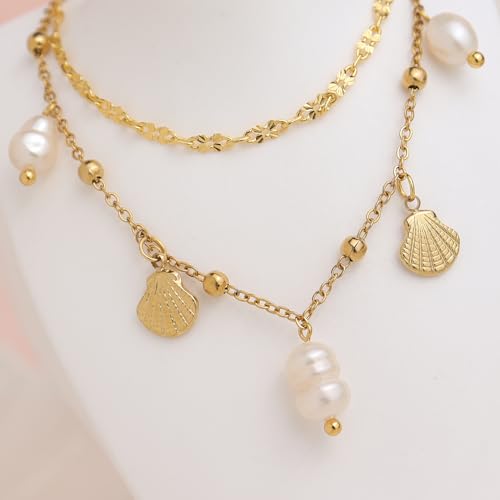 Dainty Gold Shell Pearl Charm Ankle Bracelet for Women Trendy non-Tarnish Adjustable Anklet Summer Beach Fashion Jewelry Gift - color: Link