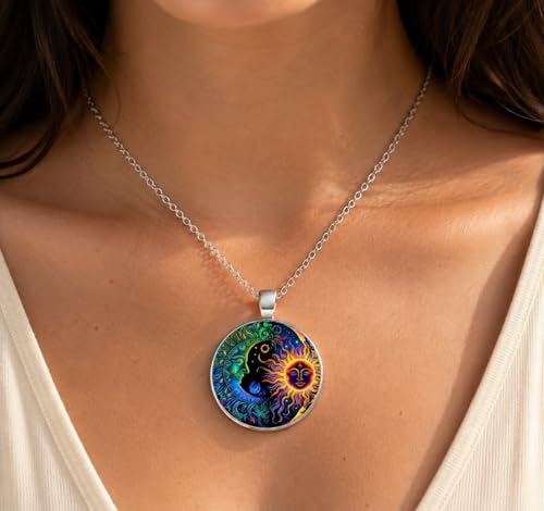 1pc Stunning Round Pendant Necklace - Unique Sun & Moon Pattern, Oil Painting Style Glass Mosaic, Alloy Construction, Trendy Sweater Chain, Fashionable Gift for Women - Christmas or Birthday Gift - color: Blue Moon