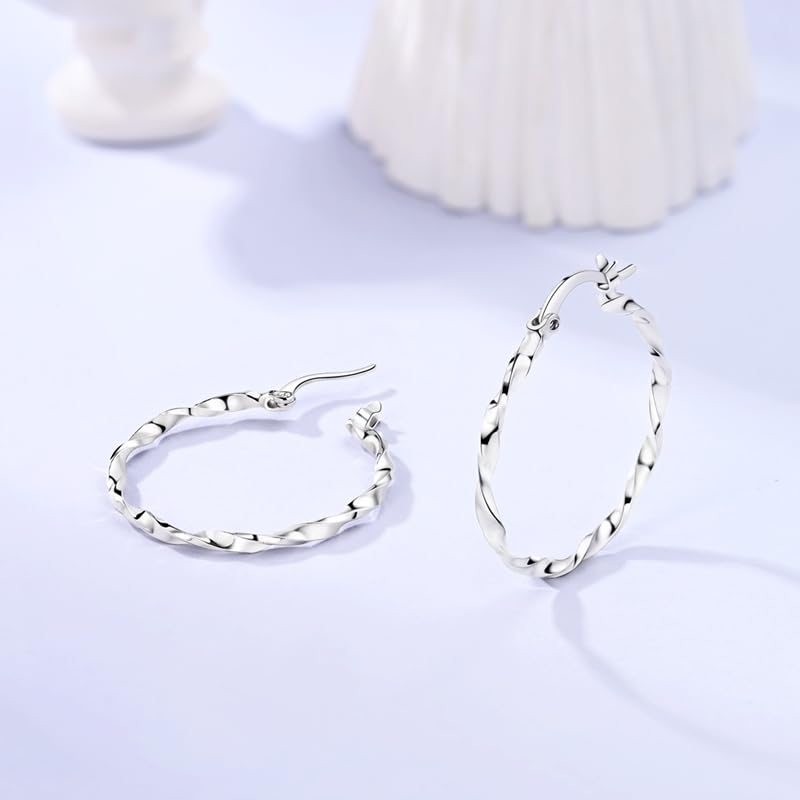Parmuz 925 Sterling Silver Earrings Hoops for Women Ladies Simple Lightweight Twisted Medium Hoop Earrings With Cubic Zirconia Hypoallergenic Jewelry for Her - color: grey
