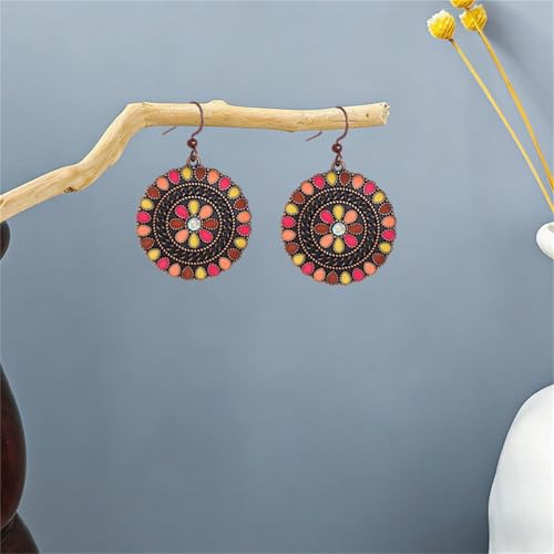 MALOYANVE Vintage Boho Circular Flower Dangle Earring, Handmade Bronze Tribal Round Enamel Floral Drop, Bohemian Ethnic Statement Jewelry Gift for Women - color: Muticolor Rose