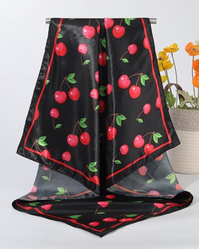 AWAYTR 35” Square Satin Head Scarf Hair Scarf for Women's Hair Silk Bandana for Women Silk Head Wrap for Sleeping - color: Cherry Black