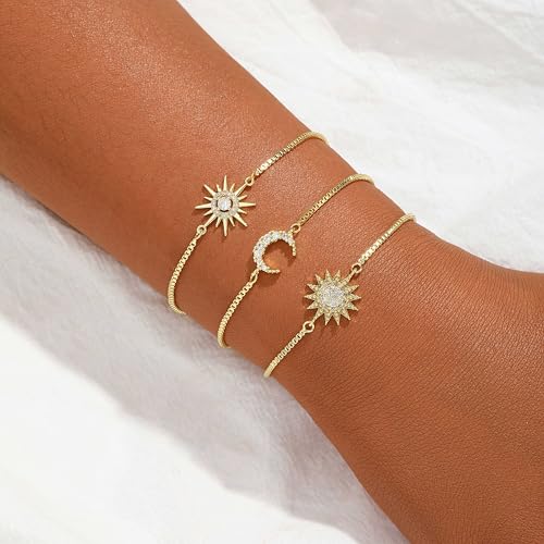 Dainty Bracelets for Women, 14k Gold Plated/Silver Layered Charms Bracelet Herringbone Satellite Beads Box Rope CZ Bracelet Adjustable Cuba Link Chain Bracelet Set Jewelry Gifts - color: 3Layer-2Sun+Moon-GD