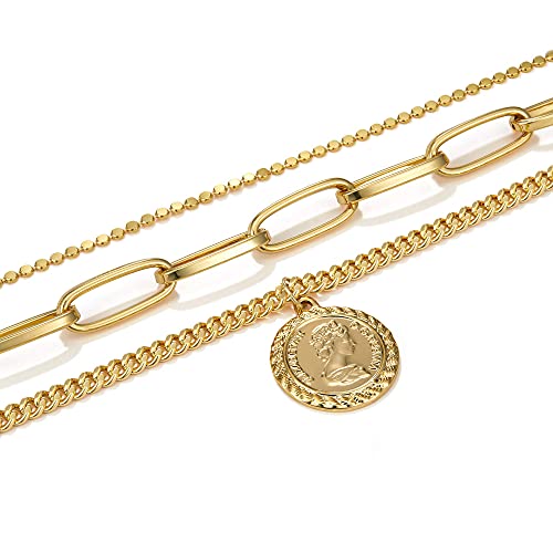 6PCS Layered Gold Necklaces for Women Trendy, 18K Gold Plated Cross Pendant Necklace Set, Vintage Chunky Gold Necklace Stack for Women Jewelry Gifts - style: Chunky Layered Necklace