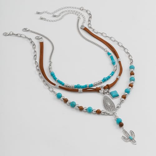 Western Necklaces Boho Layered Charm Necklace for Women Turquoise Beaded Choker Ox-head Pendant Necklace Western Jewelry for Women Cowgirl Accessories - color: Style-C