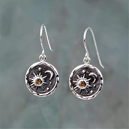 MALOYANVE Vintage Sun and Moon Drop Dangle Earrings for Women Unique lightweight Handmade Retro Boho Antiqued Gold Silver Round Coin Earrings for Women Jewelry - color: Silver